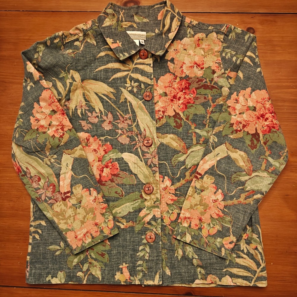 Floral Shacket Womens M Wood Button Hydrangea Garden Girl Coldwater Creek Cotton - Picture 6 of 6